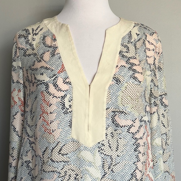 Tory Burch Silk Leaves Floral Sea corals Mosaic Print Dotted Blouse Tunic Top 4 - Picture 9 of 11